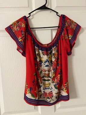 T12a- FLYING TOMATO Red Floral Peasant Top